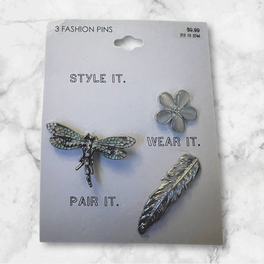 “Elegant Nature-Themed Enamel Pin Set - Dragonfly, Flower, Feather Pins